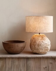 Poster - rustic lamp and bowl on wooden shelf