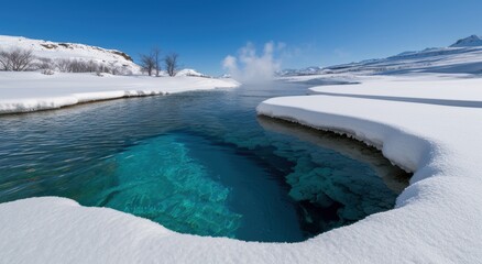 Wall Mural - Serene winter landscape with frozen lake and snow-capped mountains