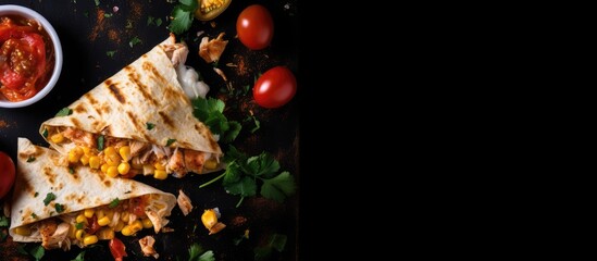 Aufkleber - Top view of a Mexican chicken quesadilla with cheese, tomatoes, and corn on a black background, with copy space image.
