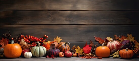 Poster - Image with fall-themed colors and elements like leaves, pumpkins, and a rustic table, ideal for showcasing seasonal promotions or greetings with copy space.