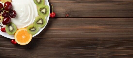 Aufkleber - Top view of a dessert on a wooden surface with white cream, a red cherry, two slices of kiwi, an orange slice, and ample copy space image.