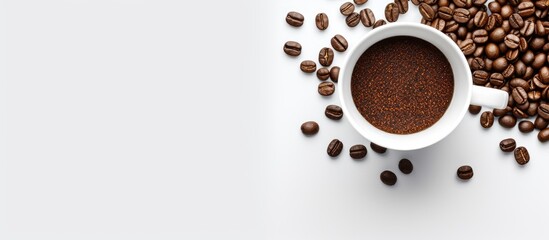 Poster - White ceramic mug filled with freeze-dried black coffee, isolated on white with copy space image, showcasing a minimalist food concept in a flat lay style.