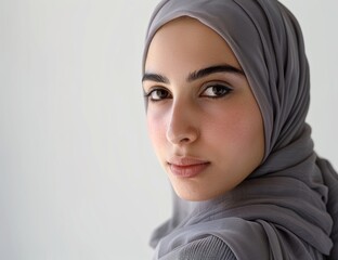 Beautiful Muslim woman with grey hijab, looking at the camera and posing on a white isolated background, copy space. Arabian middle eastern religious concept.