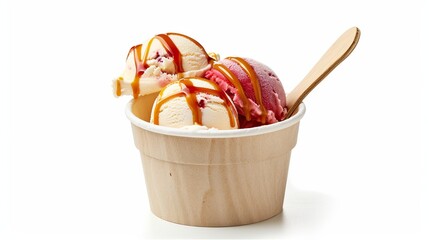 Sticker - Close-up of delicious ice cream scoops with strawberry syrup in a wooden cup. Simple background in white. Perfect image for dessert menus, food blogs, and advertising materials. AI