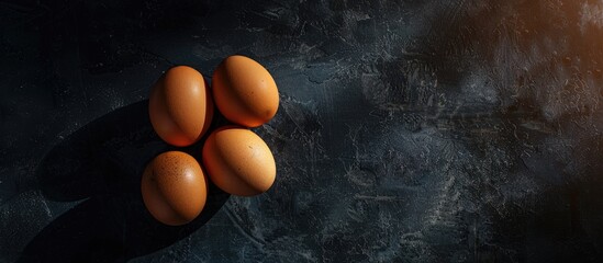 Aufkleber - Top view of fresh brown eggs on a dark background with hard shadows, creating a minimalistic and natural home product aesthetic, with empty space for additional elements in the image.
