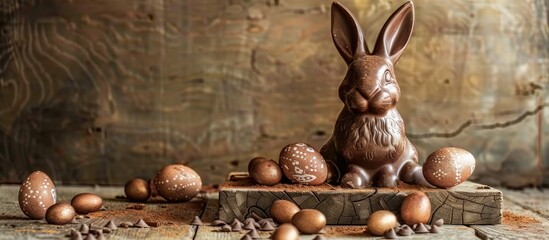 Aufkleber - Delicious Easter treats like chocolate bunny and eggs against a rustic backdrop with copy space image.