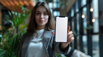 Mockup image of a beautiful woman pointing finger at a mobile phone with blank white screen.