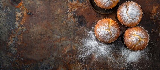 Poster - Top view of muffins and powdered sugar on an old metal surface with a plain background for copy space image.