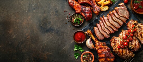 Aufkleber - Barbecue meat selection displayed on a dark backdrop, portraying a homemade food theme. Overhead view with copy space image.