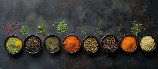 Poster - Flat lay of various spices displayed on a dark concrete background with ample copy space image.