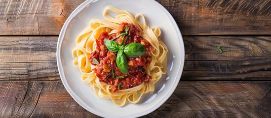 Poster - Beef pasta in napoli sauce served on a white plate with a wooden table backdrop in a copy space image.