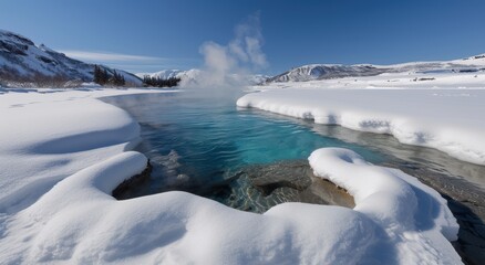 Poster - Serene winter landscape with turquoise lake and snow-capped mountains