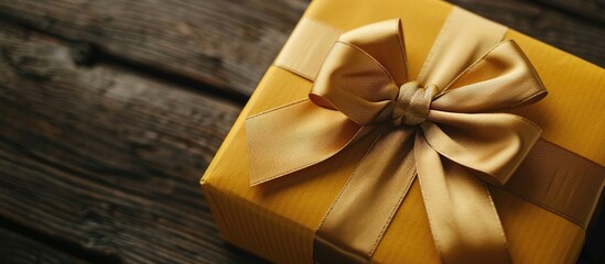 Canvas Print - Yellow bow adorns a gift box with copy space image.