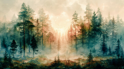 Wall Mural - Mystical forests: trees in delicate watercolor colors