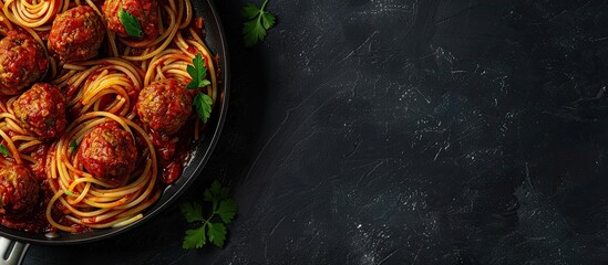 Aufkleber - Top view of a frying pan containing spaghetti with meatballs in tomato sauce and parsley on a dark table background. Banner layout with copy space image included.