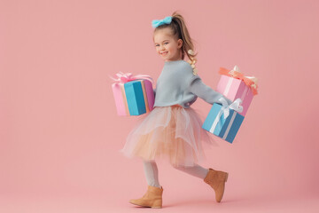 Sticker - young indian girl holding shopping bags on pink background