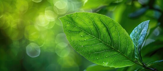 Leinwandbilder - In the garden, a green leaf is close-up with a naturally blurred background, perfect for a copy space image.