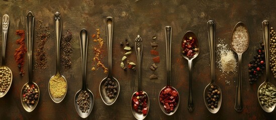 Poster - Various spices on spoons set against a vintage backdrop, with ample copy space provided for your text in the image. Top-down perspective.