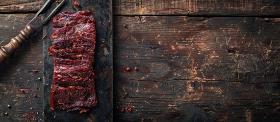 Poster - Top view of meat jerky displayed on a butcher's cleaver against a dark wooden backdrop with space for adding text or images. copy space available
