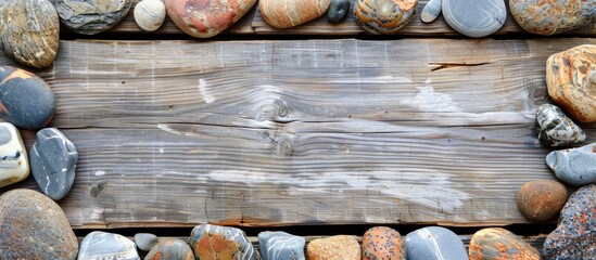 Poster - Wooden background with sea stones creating a frame, ideal for a copy space image.