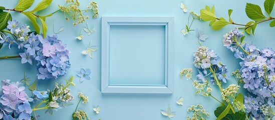 Poster - Creative flower arrangement with a light blue photo frame surrounded by pastel blue flowers on a soft blue backdrop. Viewed from above, providing copy space image.