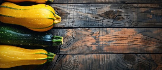 Poster - Zucchini squashes on wooden background with copy space image.