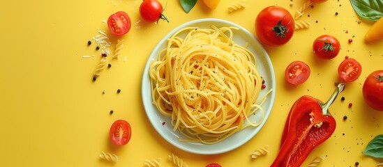 Aufkleber - Plate with no food on a yellow surface adorned with pasta, tomatoes, and pepper creating a vibrant copy space image.
