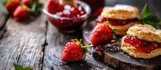 Poster - Partially consumed strawberry jam-topped biscuits shown in a copy space image.
