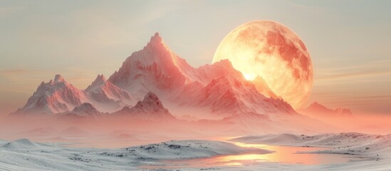 Wall Mural - Snowy Mountain Range with Giant Red Moon