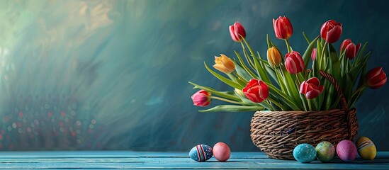 Poster - An Easter-themed arrangement featuring tulips and a basket filled with colorful painted eggs, leaving room for additional elements in the copy space image.