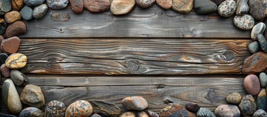 Poster - Wooden background with sea stones creating a frame, ideal for a copy space image.