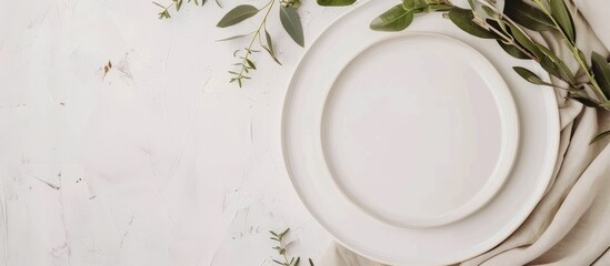 Poster - Top view flat lay with a copy space image featuring an empty plate, cloth, and space for your meal template or mockup.
