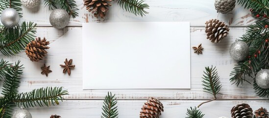 Aufkleber - A white card is displayed against a backdrop of fir branches with cones and Christmas ornaments on a white wooden surface in a mock-up with copy space image.