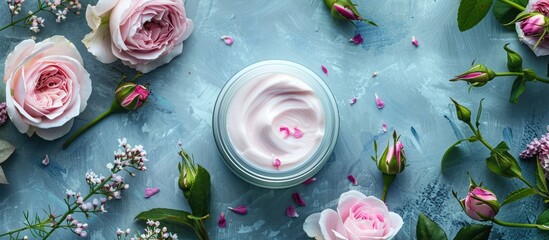 Wall Mural - Organic hand and rose cream, part of eco-friendly cosmetics with captivating copy space image.