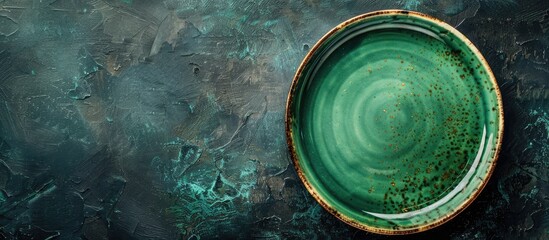 Poster - Top view of an antique green plate on a dark, textured table with copy space image. Ideal for menus or food flat lay backgrounds.