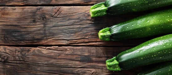 Wall Mural - Zucchini squashes on wooden background with copy space image.