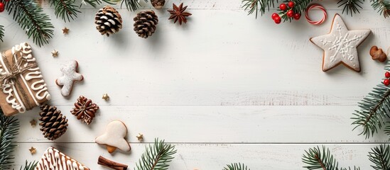 Wall Mural - Top view of a festive Christmas scene on a wooden white background with Christmas tree branches, pine cones, decorations, gifts, gingerbread, and a designated copy space for images.