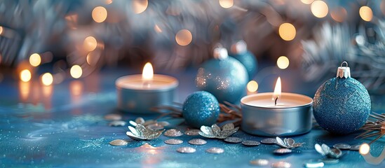 Aufkleber - A festive greeting card design with blue and tea candles, silver ornaments, and copy space for your message.
