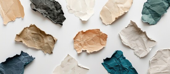 Poster - Assortment of torn paper pieces on a white backdrop with copy space image.