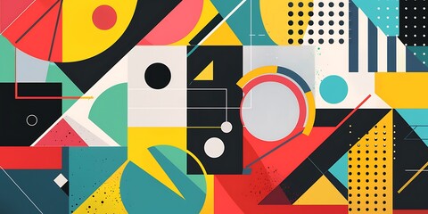 Poster - Abstract colorful geometric background with retro patterns and shapes, colorful background, vector illustration design, digital art, colorful, colorful geometric, colorful pattern, vibrant colors
