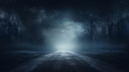 Fog-covered road in a spooky, moonlit forest.