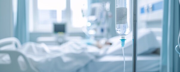 Poster - Editorial photography of a hospital bed, a patient lying calmly with an IV attached, showcasing the medical equipment and the clean, sterile environment