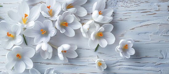 Aufkleber - White crocuses displayed on a white wooden backdrop symbolize the arrival of spring and blooming flowers in copy space image.