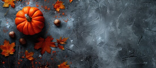 Poster - Autumn theme decor featuring pumpkin and autumn leaves on a stone backdrop. Top view with ample copy space image.