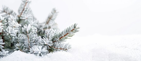 Poster - Snow-covered Christmas background on a white backdrop with available copy space image.