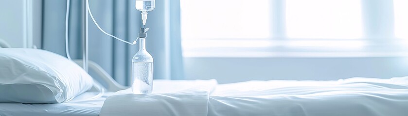 Poster - Documentary photography of a hospital bed with a patient hooked up to an IV drip, capturing the serene and contemplative atmosphere of the hospital room
