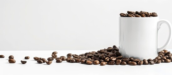 Poster - Coffee beans fill a white mug against a transparent backdrop in a copy space image.