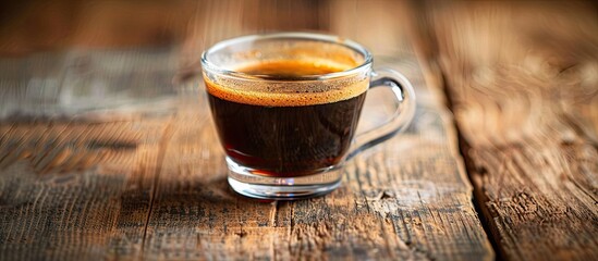 Aufkleber - Isolated on a wooden backdrop, a clear glass cup containing hot black coffee offers ample copy space for text in the image.