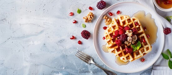 Poster - Breakfast waffles with berry crunch, pomegranate seeds, and honey on a copy space image.