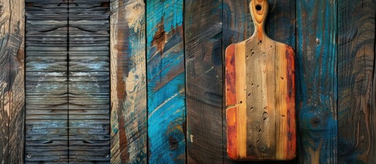 Poster - Old, colored wooden planks create a backdrop for a vintage cutting board in the concept of a food background, with a small blank area for copy space image.
